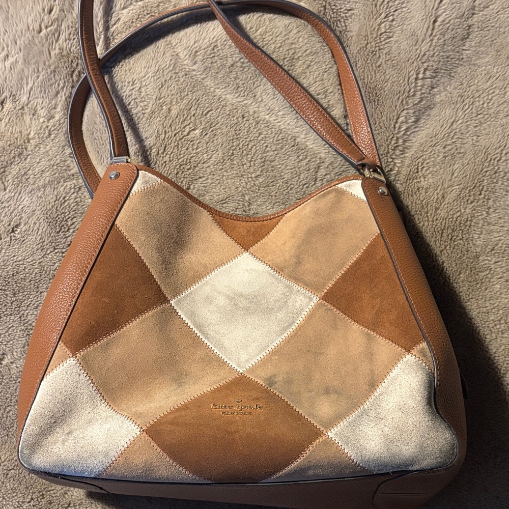 kate spade Patchwork Suede & Leather Shoulder Bag in Tan and Cream
